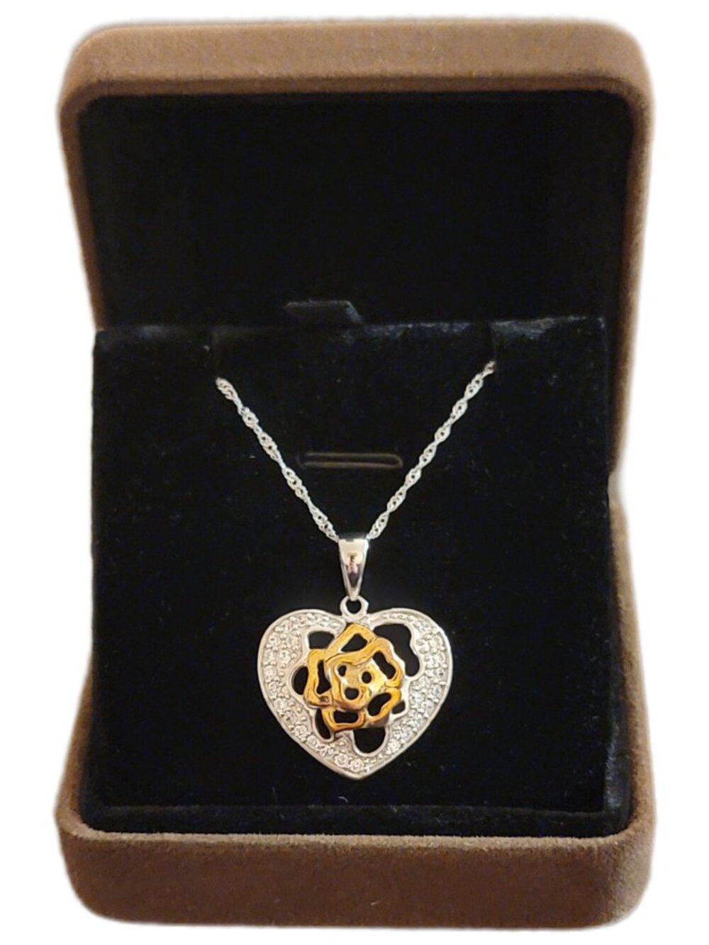 Sterling Silver Heart Rose Necklace CZ Two Tone 18" NWT
